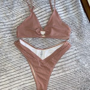 Shein beige / nude Ribbed Bikini Set Size Large O Ring Top High Waisted Bottoms